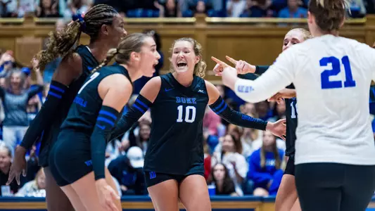 Duke Volleyball celebrates at Cameron Indoor Stadium