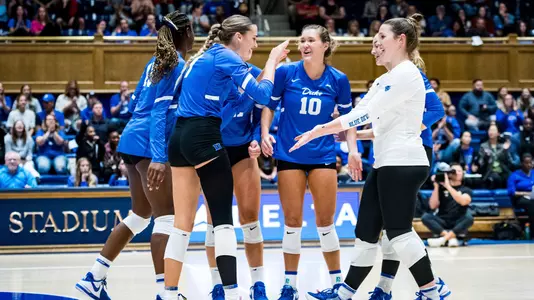 Duke celebrates in Cameron indoor stadium