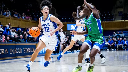 Taina Mair dribbles to the basket for Duke women's basketball