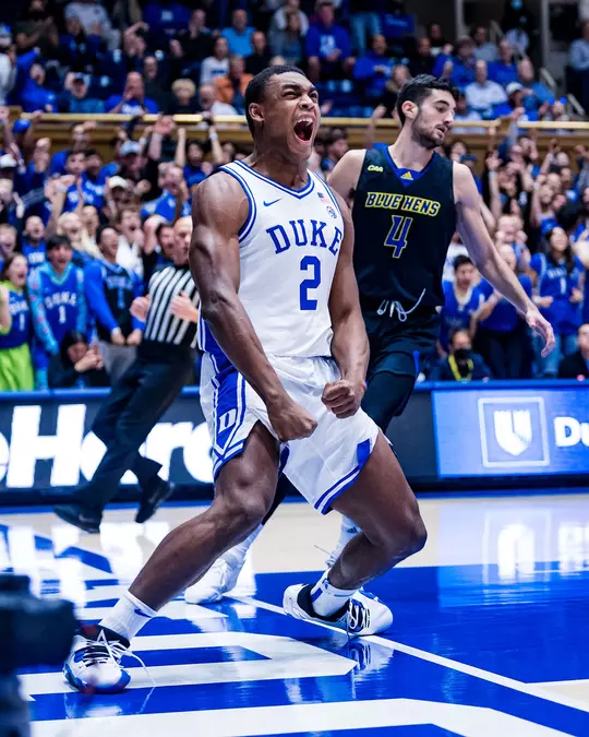 Sophomore guard Jaylen Blakes celebrates a play in Cameron Indoor Stadium