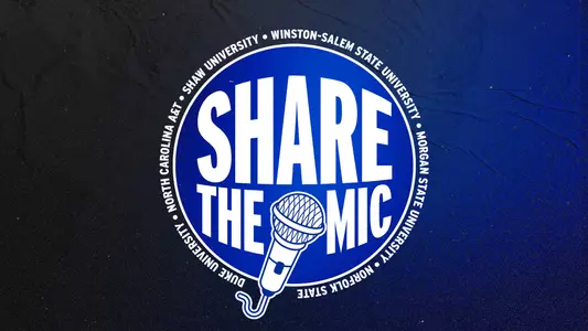 Graphic promoting Duke volleyball's Share the Mic campaign featuring partnerships with North Carolina A&T, Shaw University, Winston-Salem State, Morgan State, and Norfolk State universities.