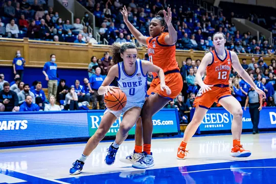 Duke's Celeste Taylor dribbles around a Clemson defender during a Duke Women’s Basketball home game in Cameron Indoor Stadium on January 12, 2023.