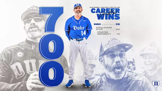 Graphic celebrating Duke baseball head coach Chris Pollard's 700th career win.