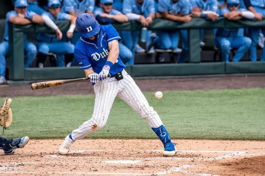 Duke shortstop Alex Mooney swings during a plate appearance in Duke's game at North Carolina.