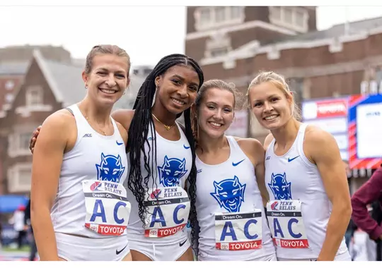 Duke track & field's 4x400 relay team poses together at the 2023 Penn Relays