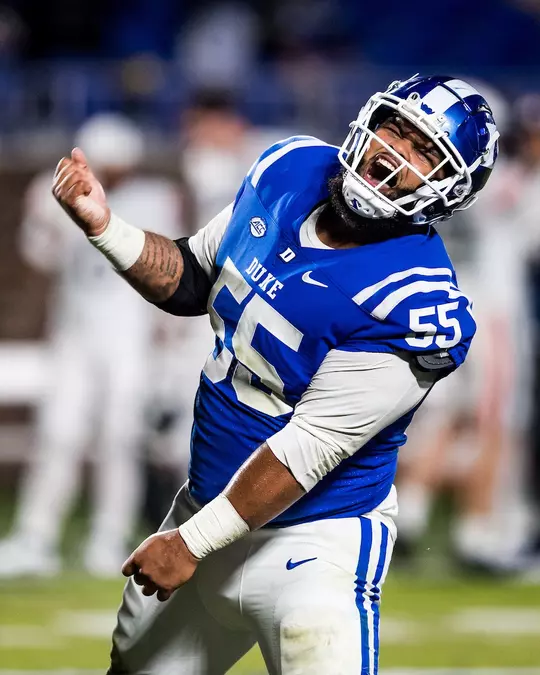 Duke's Ja'Mion Franklin celebrates a play during the Blue Devils' football game against Virginia in 2022.