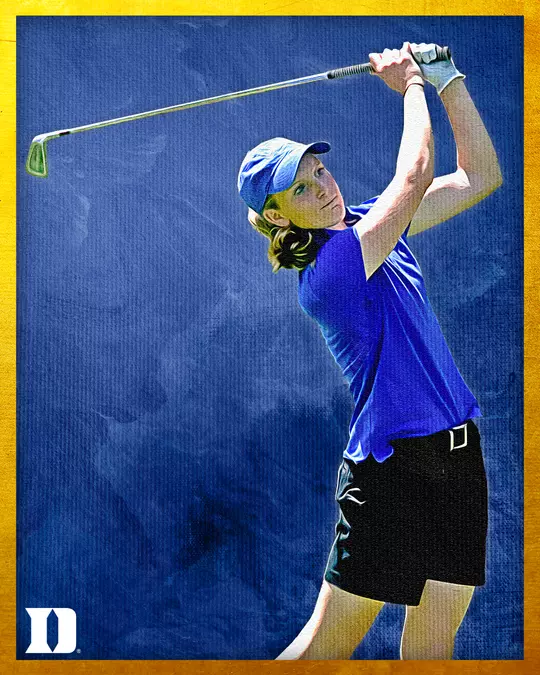 Hall of Fame portrait of Anna Grzebien, a former Duke golfer, captured mid-swing on a blue textured background. She is wearing a blue cap, blue shirt, and black shorts. The image has a yellow border, with a Duke 'D' logo in the lower left corner.