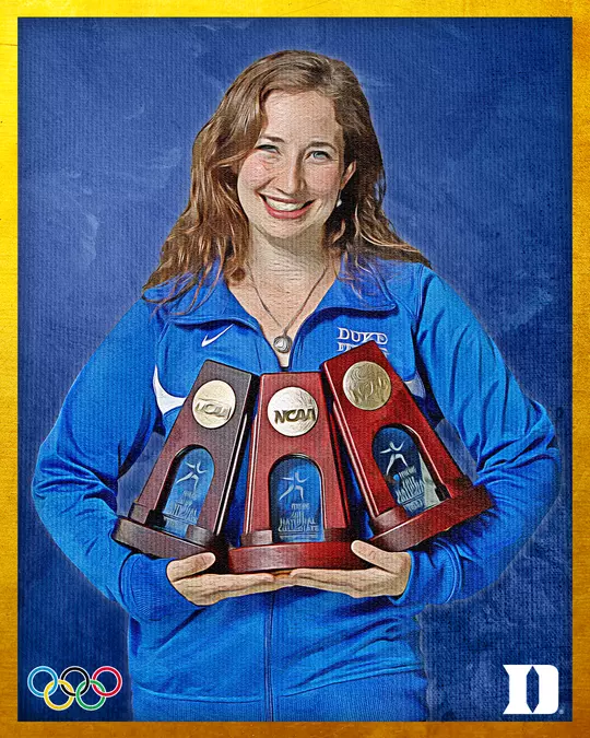 all of Fame portrait of Becca Ward, a former Duke fencer, smiling while holding three NCAA trophies. She is wearing a blue jacket with 'Duke' visible on the chest. The image has a blue textured background with a yellow border, Olympic rings in the lower left corner, and a Duke 'D' logo in the lower right corner.
