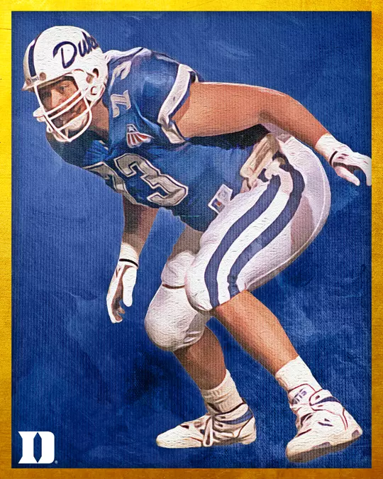 Hall of Fame portrait of Chris Port, a former Duke football player, shown in a crouched position, wearing a blue Duke football uniform and helmet. The image has a blue textured background with a yellow border, and a Duke 'D' logo in the lower left corner.