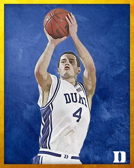 Hall of Fame portrait of JJ Redick, a former Duke basketball player, captured in a shooting motion while wearing a white Duke jersey with the number 4. The image has a blue textured background with a yellow border, and a Duke 'D' logo in the lower right corner.