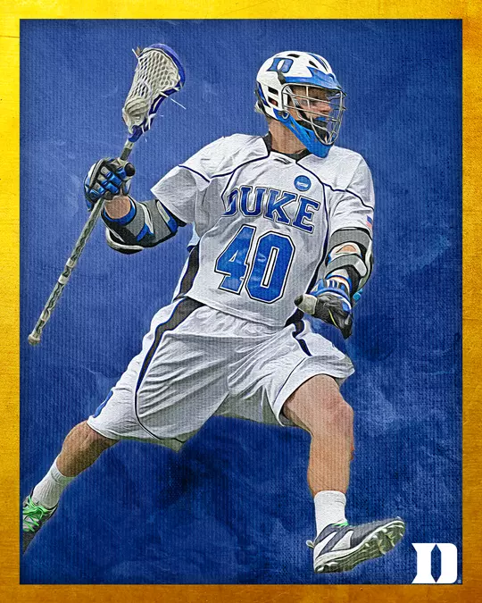 Hall of Fame portrait of Matt Danowski, a former Duke lacrosse player, shown in action wearing a white Duke lacrosse uniform with the number 40. He holds a lacrosse stick in his right hand. The image has a blue textured background with a yellow border, and a Duke 'D' logo in the lower right corner.