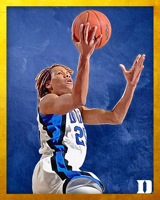 Hall of Fame portrait of Monique Currie, a former Duke women's basketball player, captured mid-layup while wearing a white Duke uniform with the number 25. The image has a blue textured background with a yellow border, and a Duke 'D' logo in the lower right corner.