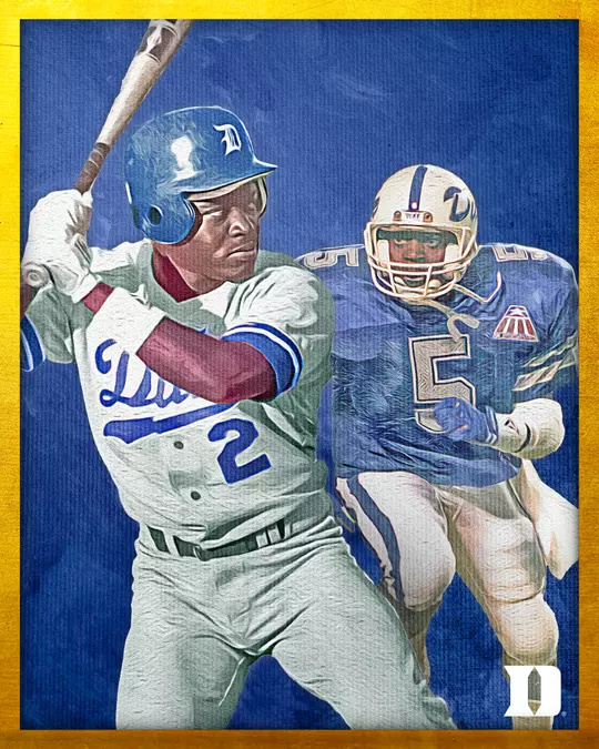 Hall of Fame portrait of Quinton McCracken, a former Duke two-sport athlete, shown in both his baseball batting stance and football uniform. He is wearing a white Duke baseball uniform with the number 2 and a blue helmet in the foreground, while his football image is in the background wearing a blue Duke jersey with the number 5. The image has a blue textured background with a yellow border, and a Duke 'D' logo in the lower right corner.