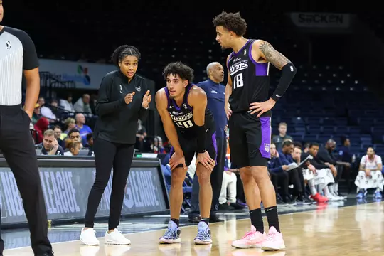 Head Coach Lindsey Harding of the Stockton Kings, Colby Jones #20, and Jalen Slawson #18 of the Stockton Kings talk during a timeout against the Ontario Clippers during the G-League game on November 25, 2023 at Stockton Arena in Stockton, California. NOTE TO USER: User expressly acknowledges and agrees that, by downloading and/or using this Photograph, user is consenting to the terms and conditions of the Getty Images License Agreement. Mandatory Copyright Notice: Copyright 2023 NBAE (Photo by Mike Rasay/NBAE via Getty Images)