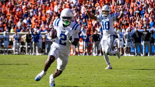 Duke wide receiver Sahmir Hagans runs into the end zone for the game-winning two-point conversion for a 46-45 Blue Devil triumph at Clemson.