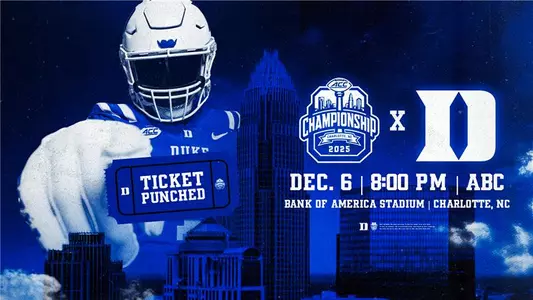 A graphic showing Duke will play in the 2025 ACC Championship Game at 8 p.m. on Saturday, December 6, 2025.