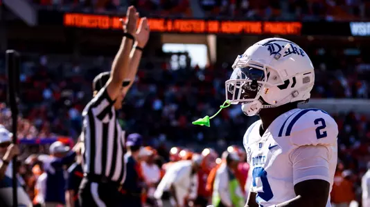 Duke wide receiver Sahmir Hagans reacts to scoring the game-winning two-point conversion at Clemson in the Blue Devils' 46-45 victory.