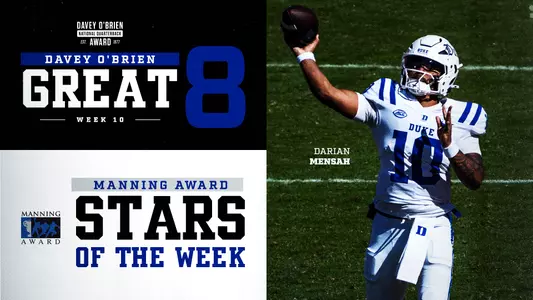 A graphic showing Darian Mensah as a Davey O'Brien Great 8 performer and Manning Star of the Week.