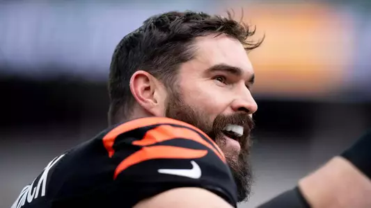 Former Duke offensive lineman and current Cincinnati Bengal Lucas Patrick smiles during a game.