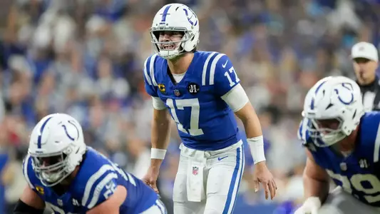 Former Duke quarterback Daniel Jones readies for a snap in an NFL game for the Indianapolis Colts.