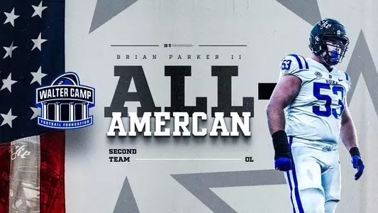 A graphic showing Duke offensive lineman Brian Parker II as a Second Team All-America selection by the Walter Camp Foundation.
