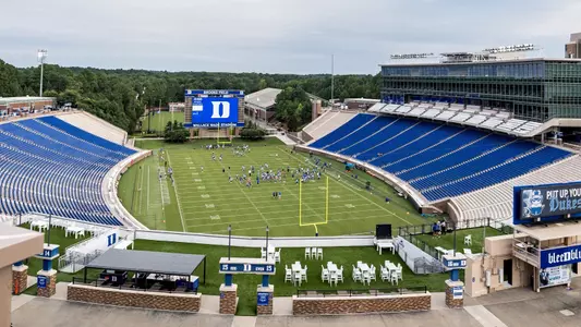 The 2025 Duke football team practices inside Brooks Field at Wallace Wade Stadium.