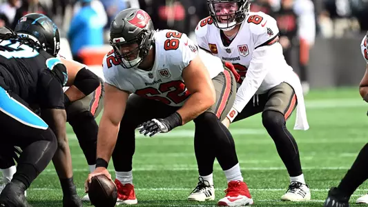 Former Duke All-America offensive lineman Graham Barton prepares for a snap with the Tampa Bay Buccaneers at the Carolina Panthers.