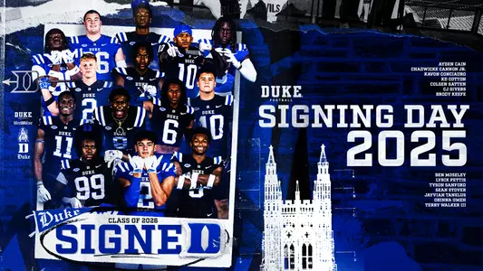 A graphic showing cutout photos and the Duke chapel to showcase Duke football's members of its December 2025 signing class.
