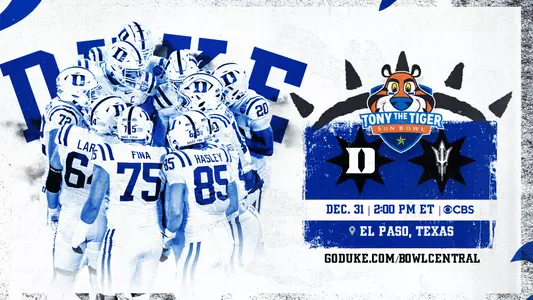 A graphic showing Duke will play in the 2025 Tony the Tiger Sun Bowl against Arizona State.