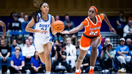Reigan Richardson dribbles down Coach K Court against Syracuse