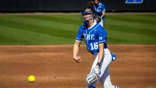 Dani Drogemuller throws a pitch in a home Duke softball game.