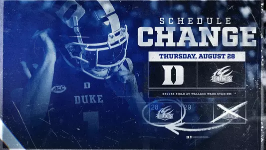 A graphic announcing Duke football's season opener against Elon will be played Thursday, August 28 instead of Sunday, August 30 as the two dates on a calendar are circled.