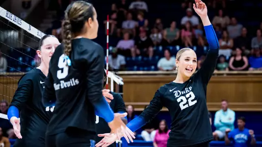 September 10, 2025: The Duke Blue Devils Volleyball team wins 0-0 against the Utah Valley Wolverines in the Morgan’s Message game.