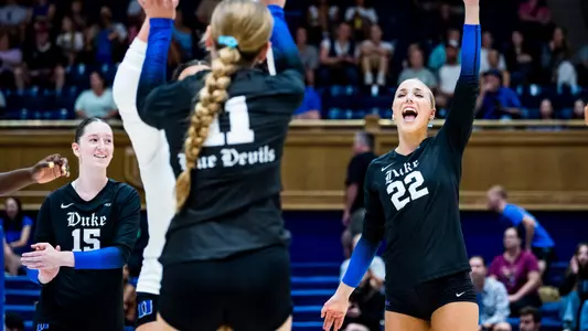 September 10, 2025: The Duke Blue Devils Volleyball team wins 0-0 against the Utah Valley Wolverines in the Morgan’s Message game.