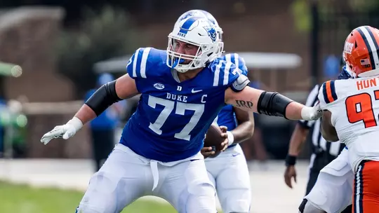 Duke offensive lineman Justin Pickett blocks and provides pass protection against Illinois.