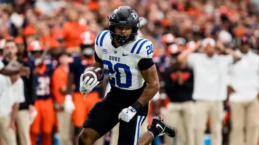 Duke freshman Nate Sheppard runs down the field during his record-setting performance at Syracuse on September 27, 2025.