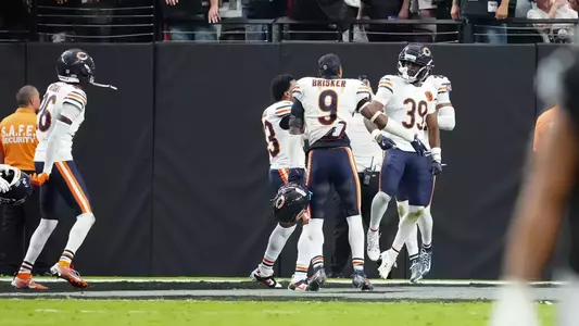 Former Blue Devil Josh Blackwell celebrates with the Chicago Bears following his game-sealing field goal block on September 28, 2025.