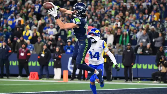 Former Duke wide receiver Jake Bobo, a current Seattle Seahawk, jumps in the air and catches a touchdown pass during the NFC Championship Game versus the Los Angeles Rams on January 25, 2026.