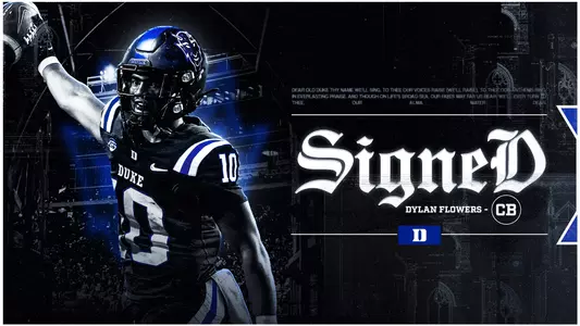 A graphic showing Duke football added cornerback Dylan Flowers to its roster for the 2026 campaign.