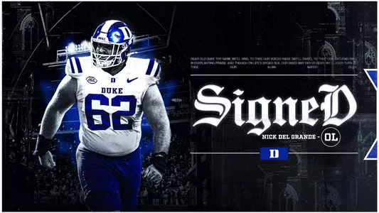 A graphic showing offensive lineman Nick Del Grande has joined the Duke football program for the 2026 season.