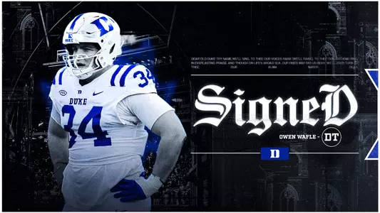 A graphic showing defensive tackle Owen Wafle has joined the Duke football program for the 2026 season.