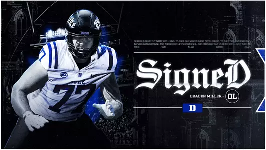 A graphic showing offensive lineman Braden Miller has joined the Duke football program for the 2026 season.