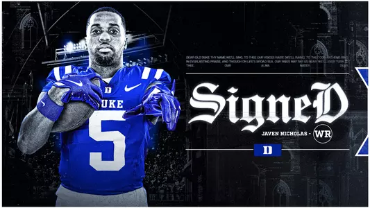 A graphic showing wide receiver Javen Nicholas has joined the Duke football program for the 2026 season.