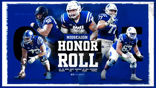 A graphic showing Duke's offensive line is a midseason honoree for the 2026 Joe Moore Award, presented annually to the top offensive line in the country.