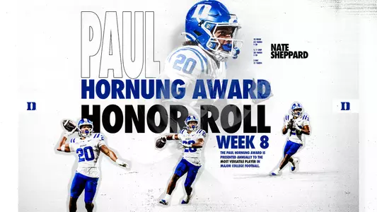 A graphic showing Nate Sheppard was named to the Paul Hornung Award Weekly Honor Roll on October 27, 2026.