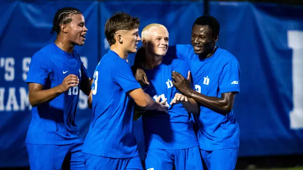Duke men's soccer celebrates after a goal by Jack Ottley