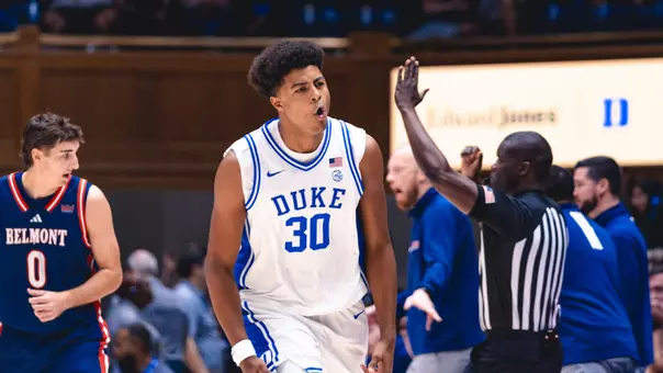 Joaquim Boumtje Boumtje celebrates a three-pointer against Belmont
