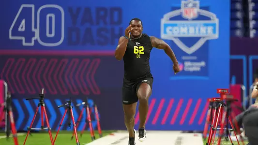 Duke defensive lineman Wesley Williams (62) runs the 40-yard dash at the NFL football scouting combine in Indianapolis, Thursday, Feb. 26, 2026. (AP Photo/Julio Cortez)