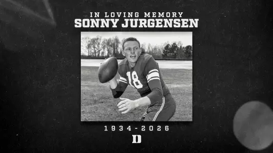 A graphic showing Duke All-America and All-ACC honoree Sonny Jurgensen, who passed away in 2026 at the age of 91.