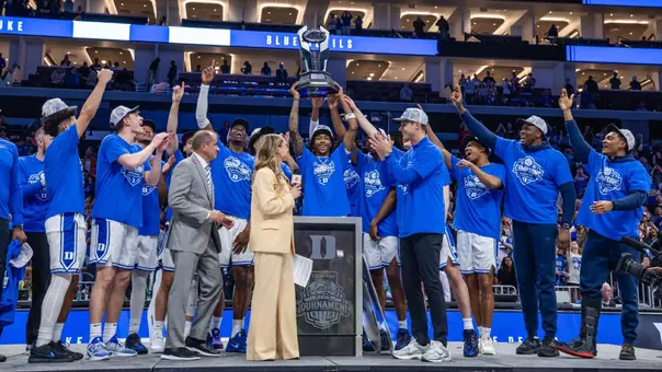 Duke basketball raises the 2026 ACC Tournament trophy